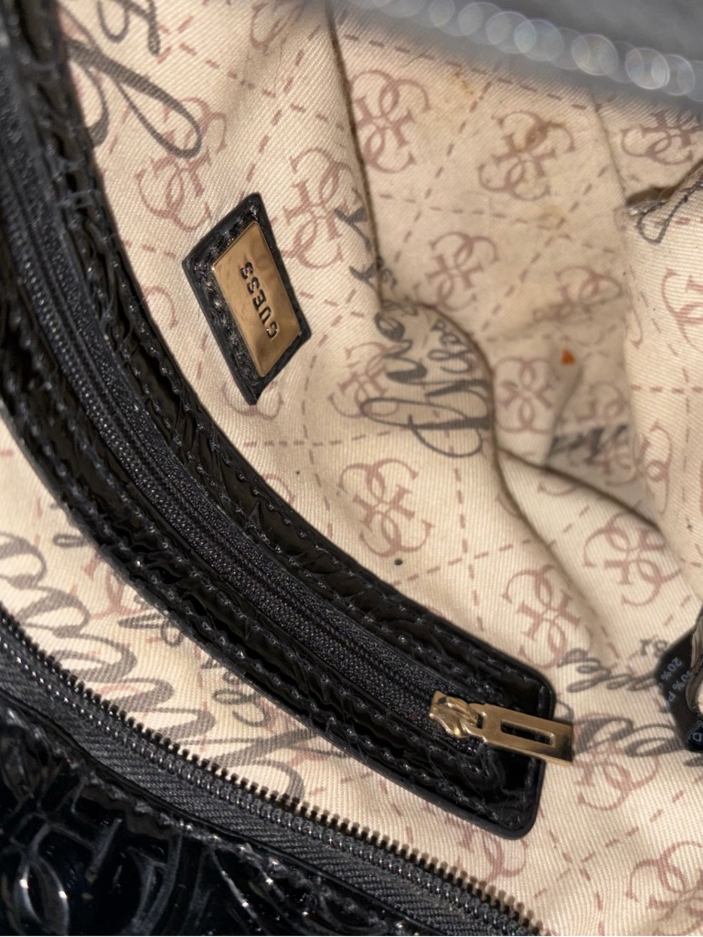 GUESS Black Embossed Patent Leather Satchel with Gold Accents - Picture 4 of 9